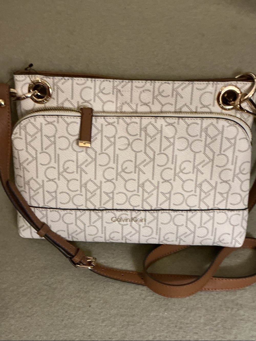 Calvin Klein Cream and Brown Logo Crossbody with Gold Hardware